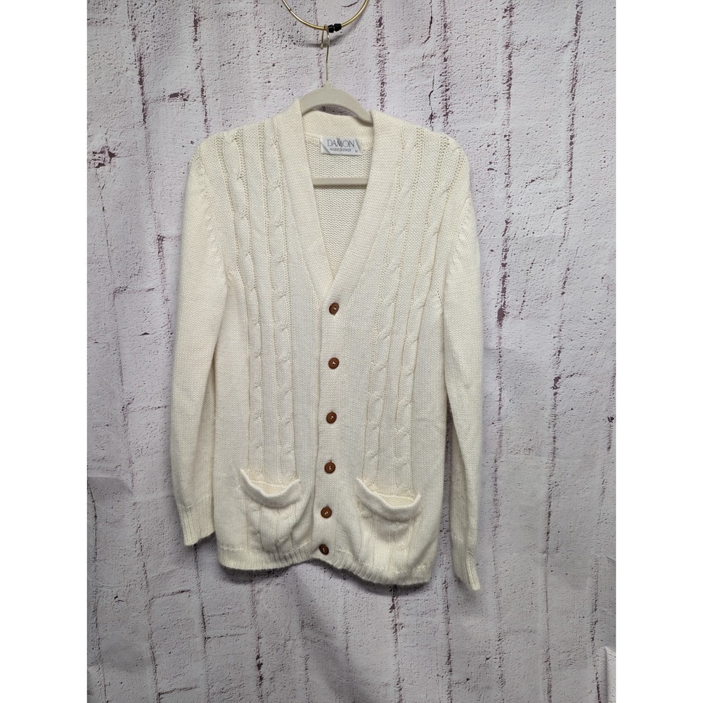 Vintage Damon Italy‎ Cable Knit Ivory Cardigan Sweater Men's Medium